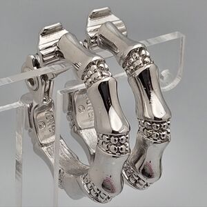 Vintage Monet Bamboo Hoop Earrings Silver Tone Textured 1” Excellent